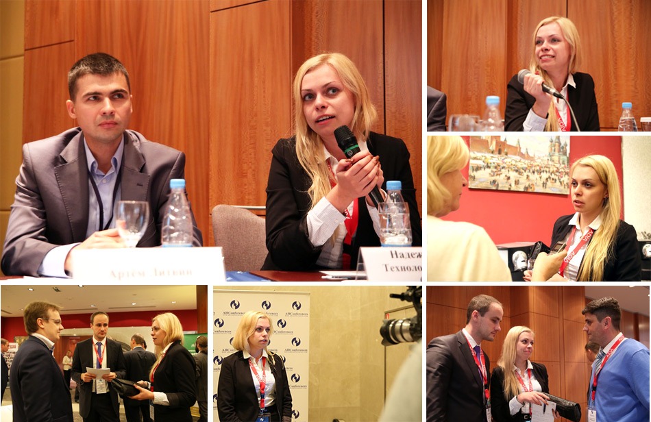 Collage of conference participants speaking on panels, giving interviews, and networking at an industry event