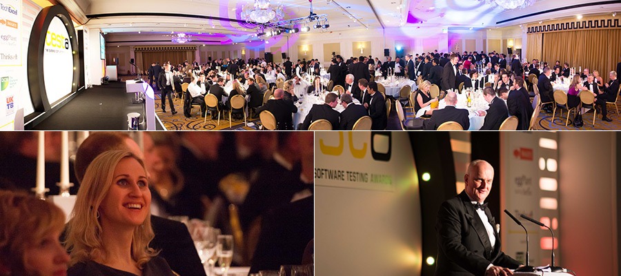Software Testing Awards gala with banquet audience and speaker at podium beside UKTB branding