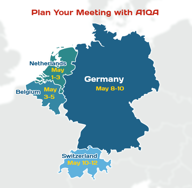 Plan Your Meeting with A1QA map showing Netherlands May 1-3, Belgium 3-5, Germany 8-10, Switzerland 10-12
