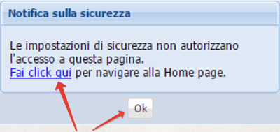 Italian security popup with arrows highlighting Fai click qui link and Ok button