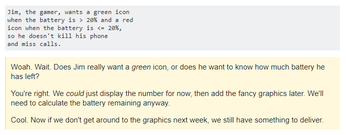 Screenshot of requirement text: Jim, the gamer, wants a green icon, display the number for now