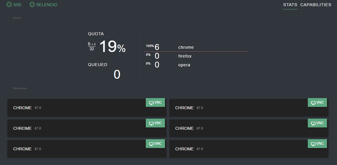 SSE SELENOID dashboard showing quota 19%, six chrome sessions, and VNC access