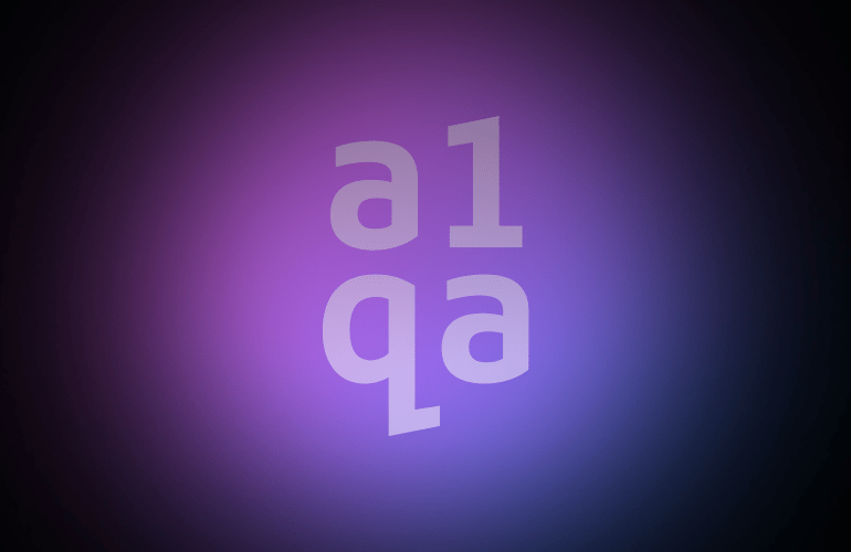 Glowing purple a1qa logo on dark gradient background