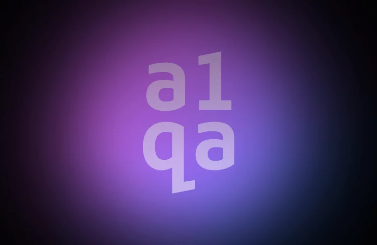 Glowing purple a1qa logo on dark gradient background