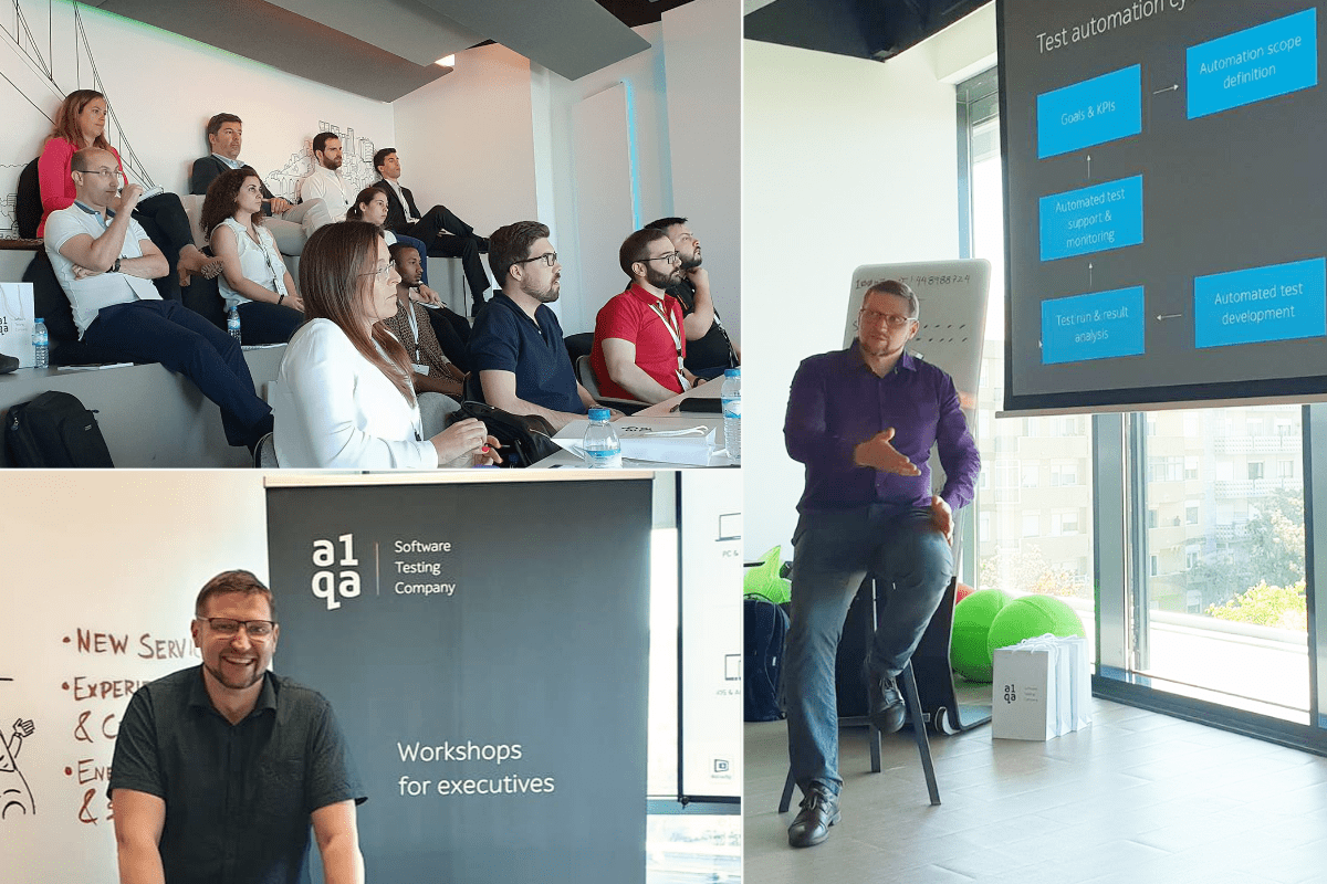 a1qa Software Testing Company workshop for executives with presenter and audience viewing test automation slides