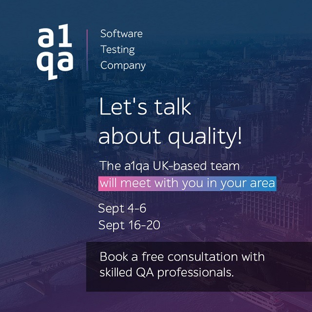 a1qa Software Testing Company promotion for free UK-based QA consultation, Sept 4-6 and Sept 16-20