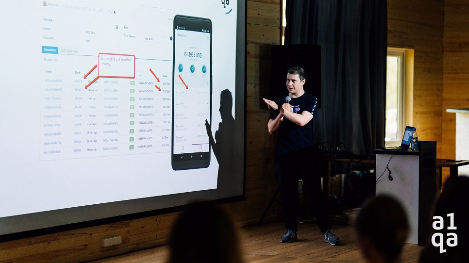 Speaker presenting mobile app transaction dashboard at a1qa summer professional conference stage