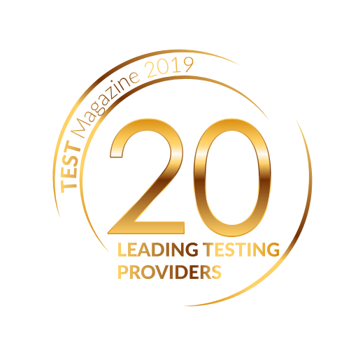 Gold award badge reading TEST Magazine 2019 20 LEADING TESTING PROVIDERS