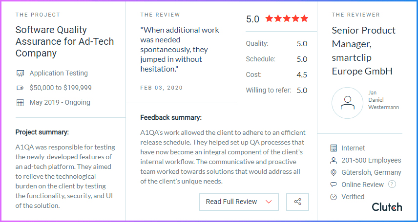 Clutch: customer's review on a1qa