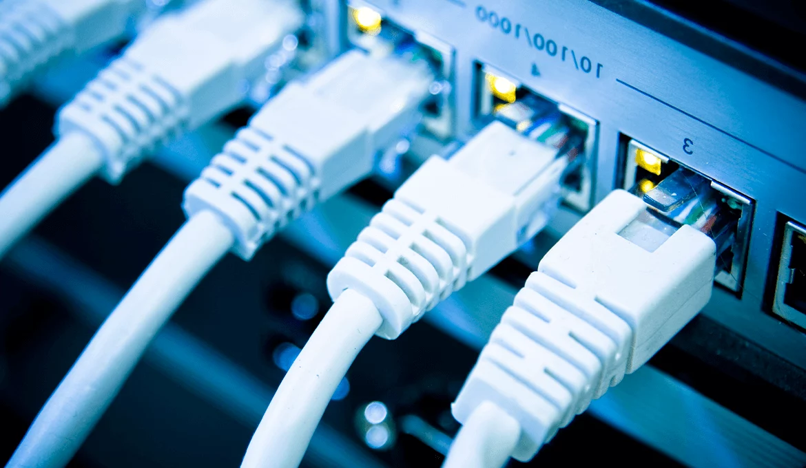 Close-up of Ethernet cables connected to a network switch for continuous system monitoring