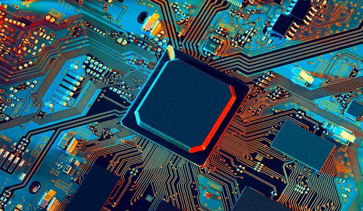 Close-up of microchip on circuit board, representing embedded unit testing and hardware validation