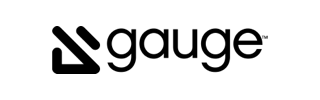 Gauge logo with stylized icon and black lettering