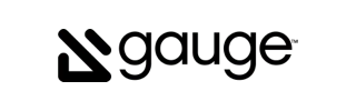 Gauge logo with stylized icon and black lettering