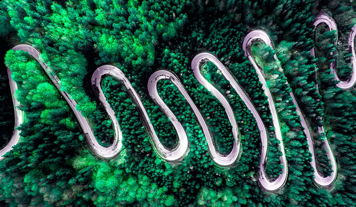 Aerial view of winding mountain road through forest, symbolizing complex regression testing paths