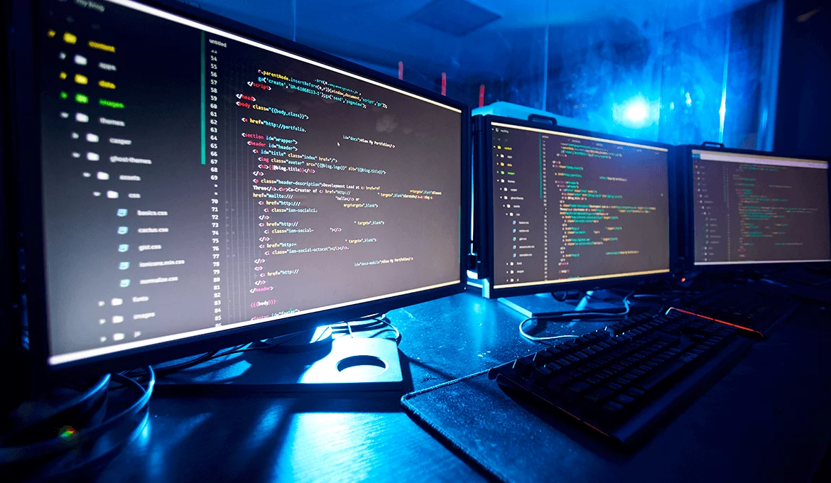 Multiple monitors displaying source code in a dark office, representing software security testing