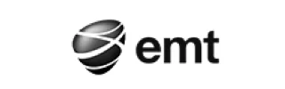 emt logo with abstract black and gray globe symbol
