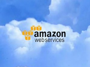 amazon web services logo against blue sky with white clouds