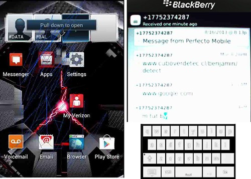Android home screen beside BlackBerry Message from Perfecto Mobile app interface
