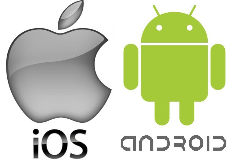Apple iOS and green Android logos with text iOS and ANDROID