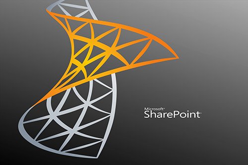 Abstract orange and silver ribbon graphic with Microsoft SharePoint text on dark background