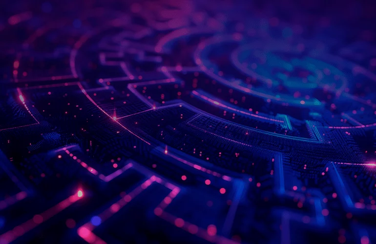 Abstract glowing digital circuit pattern representing cybersecurity and software testing technology