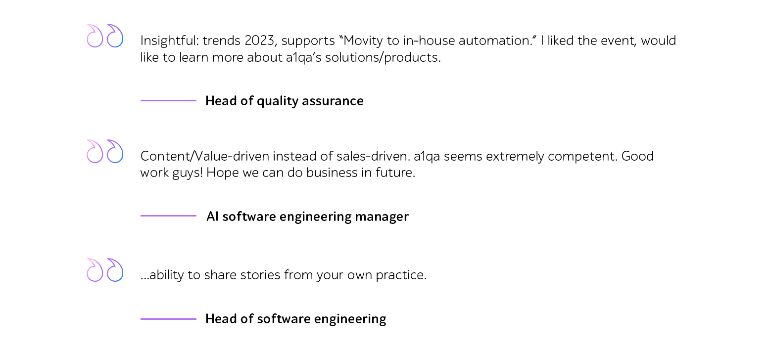 Attendee testimonials: Head of quality assurance, AI software engineering manager, Head of software engineering