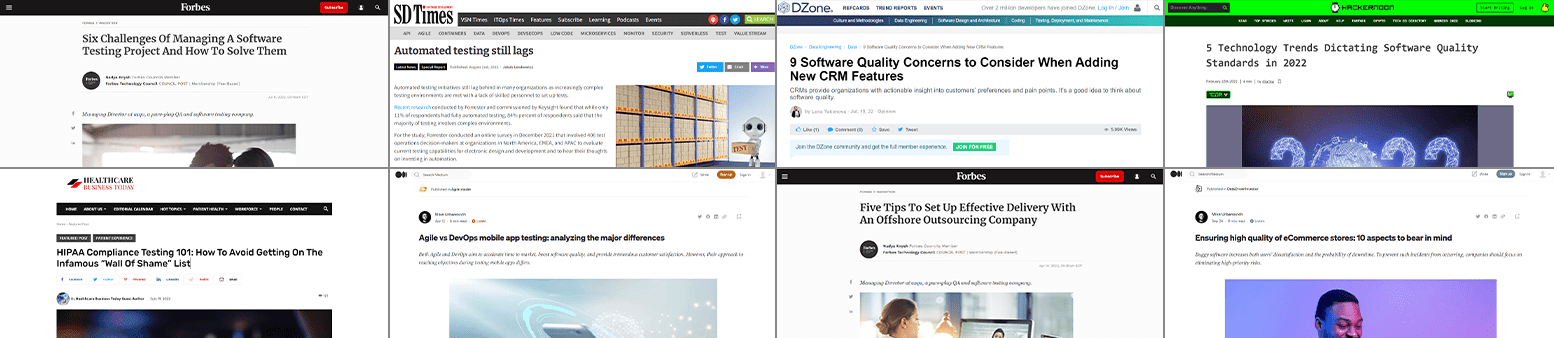 Collage of software testing articles from Forbes, SDTimes, DZone, HackerNoon, and Healthcare Business Today