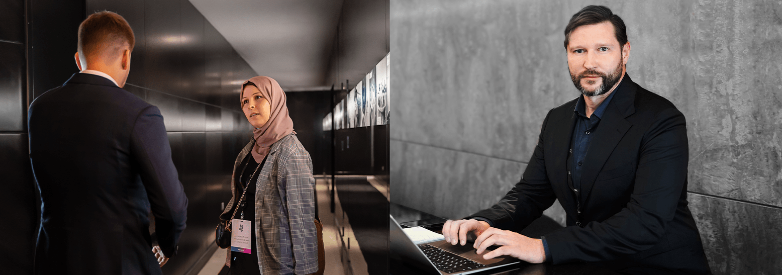 Conference attendee speaking with colleague alongside professional portrait of a man using laptop