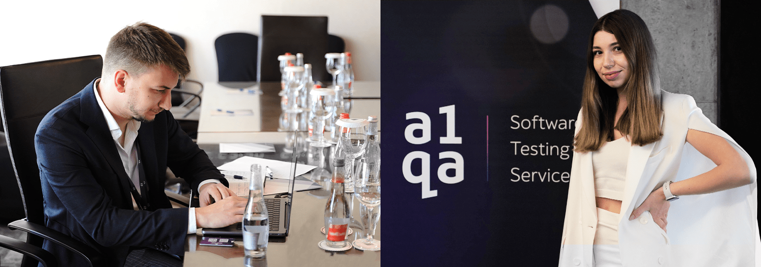 Roundtable attendees at work and by a1qa Software Testing Services event display