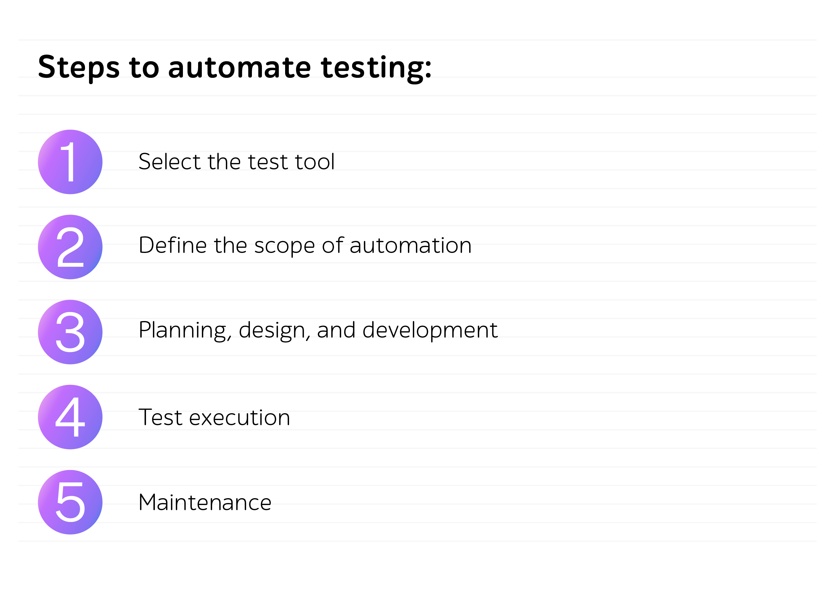 Steps to automate testing: Select the test tool, scope, development, execution, and maintenance