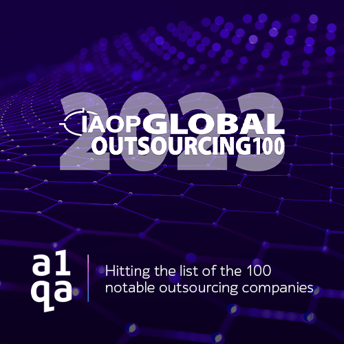 a1qa graphic announcing IAOP Global Outsourcing 100 2023 notable outsourcing companies