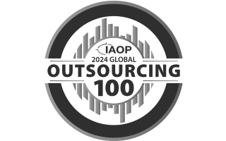 IAOP 2024 GLOBAL OUTSOURCING 100 award badge in silver and black