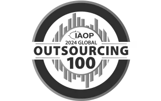 IAOP 2024 GLOBAL OUTSOURCING 100 award badge in silver and black