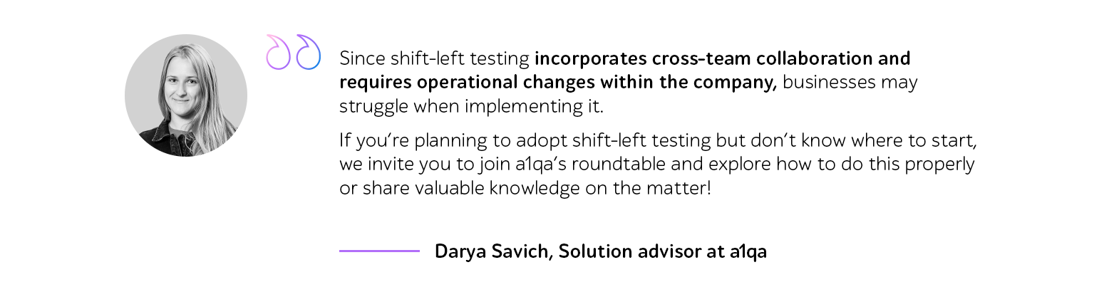 Portrait of Darya Savich with quote about shift-left testing and a1qa roundtable invitation