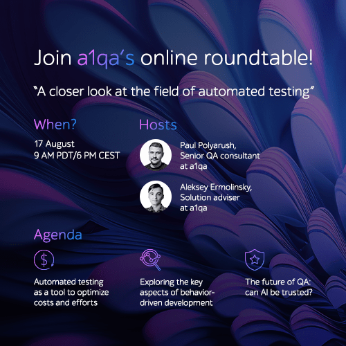 a1qa online roundtable announcement with date, hosts, and agenda on automated testing