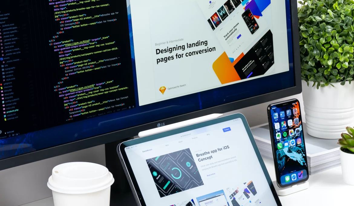 Automated testing workspace with code on monitor and app interfaces on tablet and smartphone
