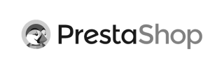PrestaShop logo with stylized penguin head icon in gray and black