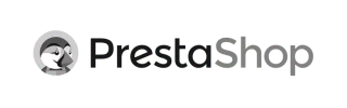 PrestaShop logo with stylized penguin head icon in gray and black