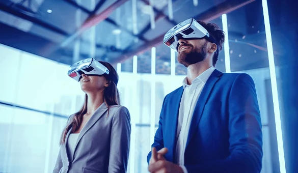 Business professionals wearing VR headsets in a futuristic office, representing AI and machine learning