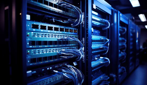Server racks with network switches and cables supporting secure digital banking infrastructure