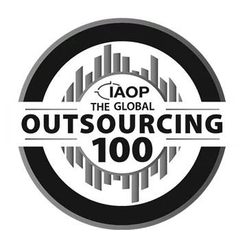 Circular award badge reading IAOP THE GLOBAL OUTSOURCING 100 in black and white