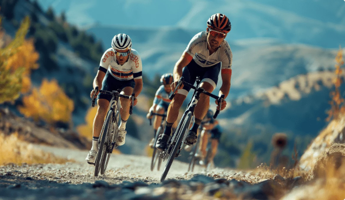 Cyclists racing downhill on a rugged road, illustrating speed and momentum in digital transformation