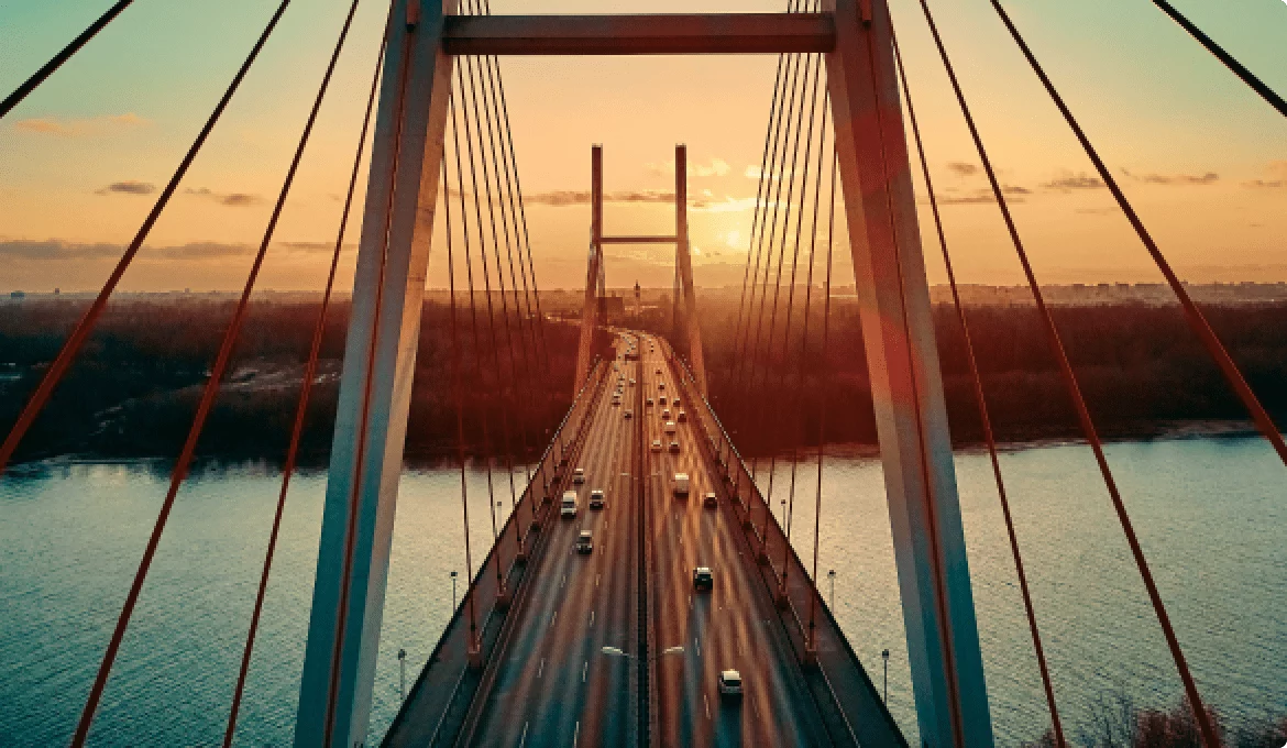 Aerial view of a suspension bridge with traffic, symbolizing secure digital infrastructure