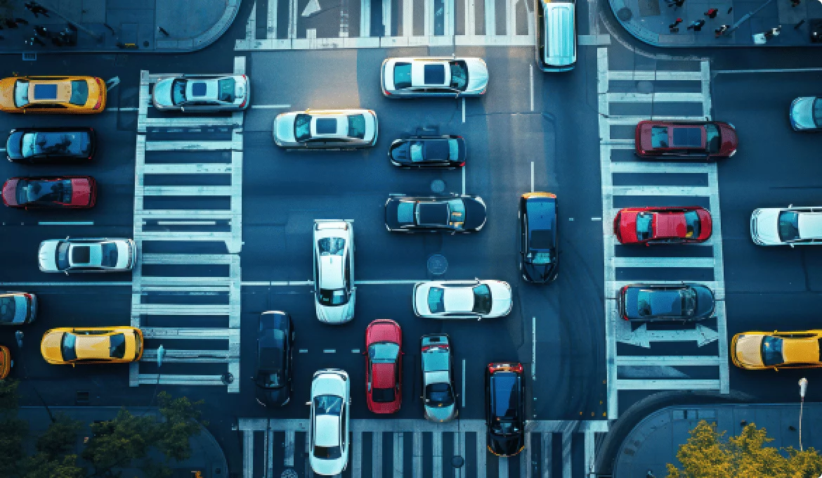 Aerial view of congested intersection symbolizing complex traffic flow and legacy system bottlenecks