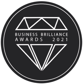 BUSINESS BRILLIANCE AWARDS 2021 diamond-shaped award badge recognizing customer-first excellence
