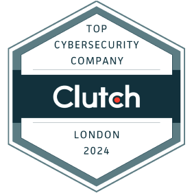 Clutch badge reading TOP CYBERSECURITY COMPANY, LONDON 2024