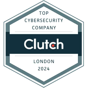 Clutch badge reading TOP CYBERSECURITY COMPANY, LONDON 2024