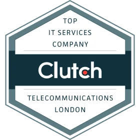 Clutch badge reading TOP IT SERVICES COMPANY, TELECOMMUNICATIONS, LONDON