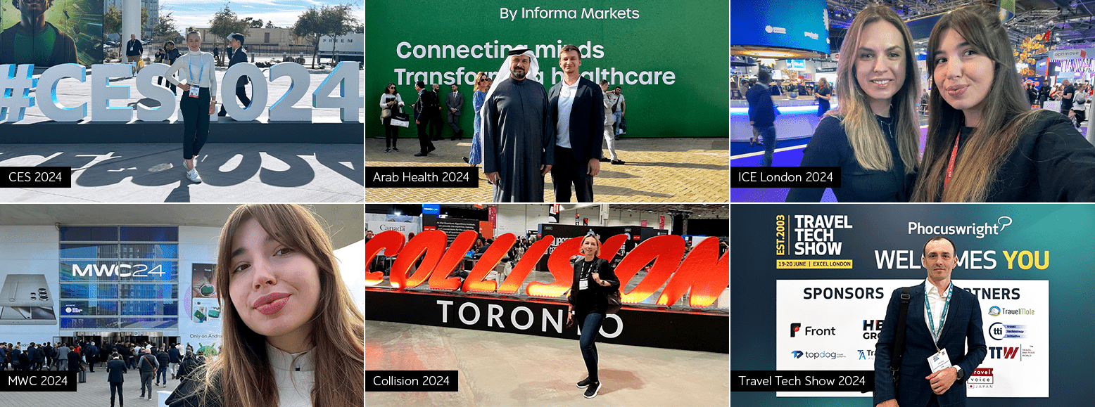 Collage of a1qa team at CES 2024, Arab Health 2024, MWC 2024, and Collision 2024
