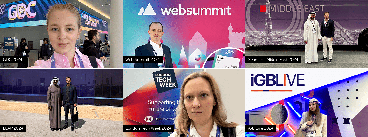Collage of a1qa team at GDC 2024, Web Summit 2024, LEAP 2024, iGB Live 2024